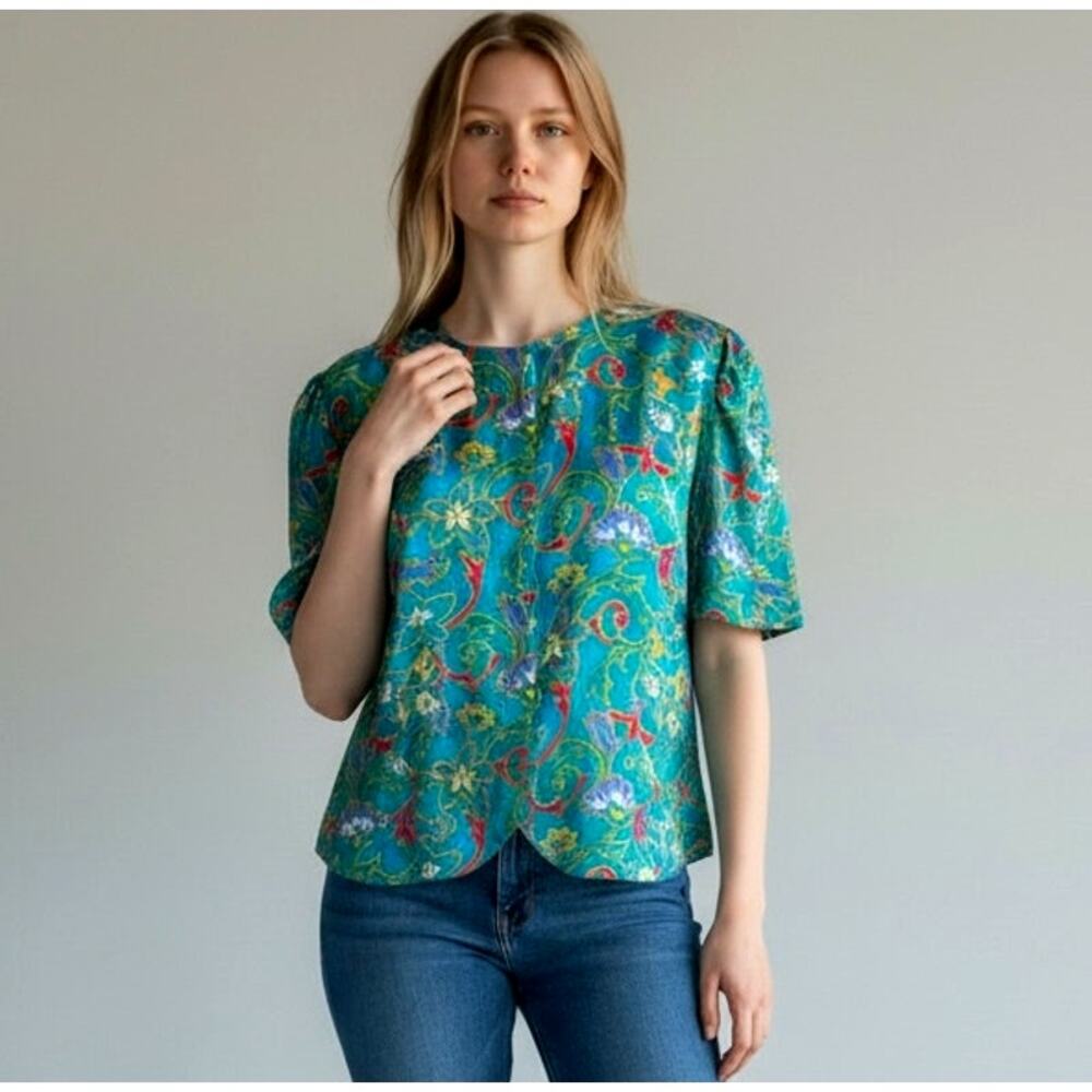 Vintage Adrianna Papell 100% Silk Floral Jacquard Blouse Top Size 12 Fit Small